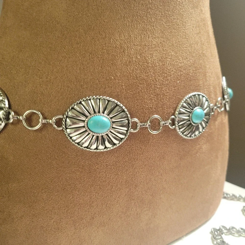 Silver Faux Turquoise Concho Chain Belt Adjustable 36 Inch Western Cowgirl